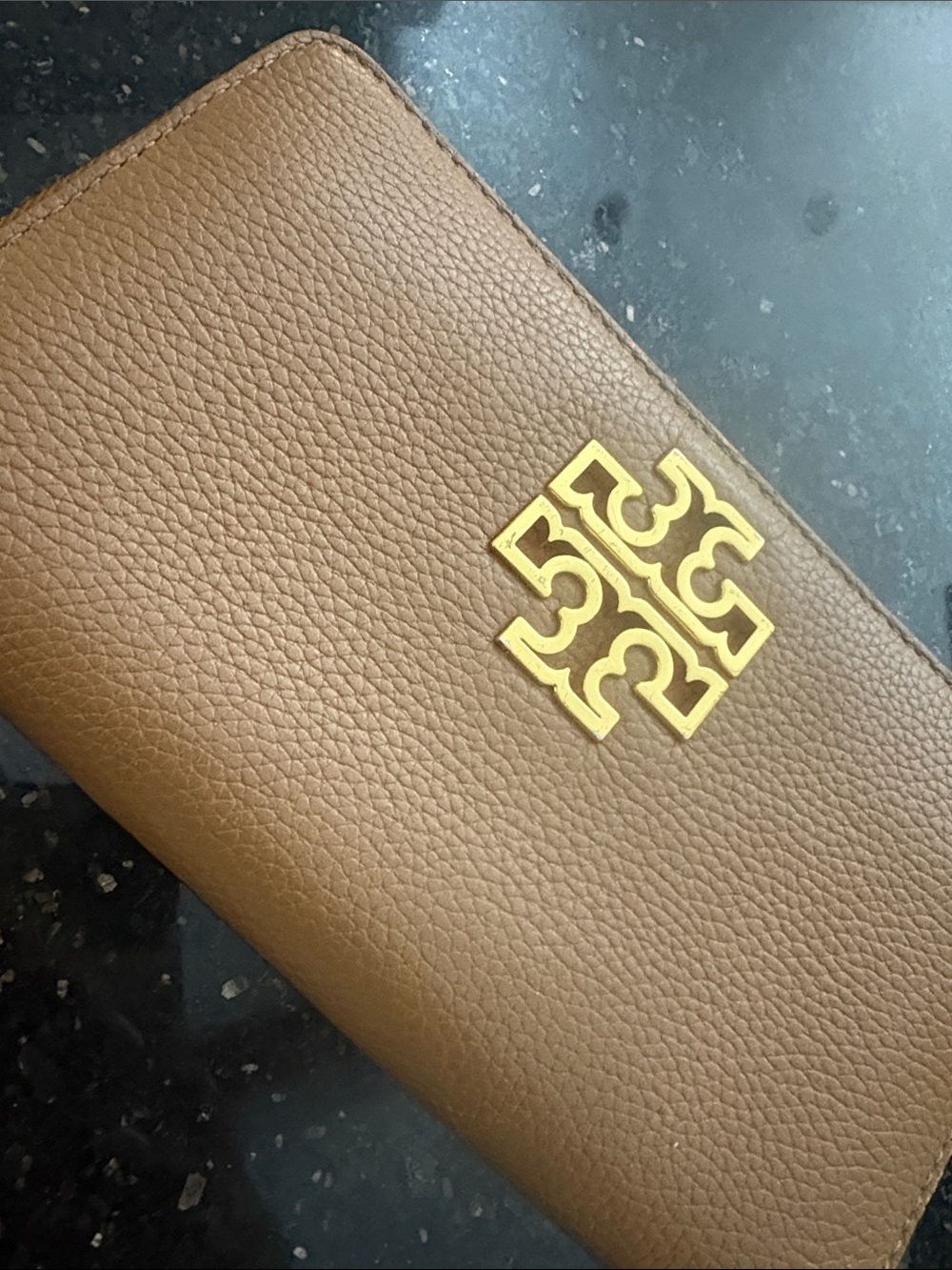 Tory Burch Brown Tan Britten Continental Leather Wallet with Gold Logo